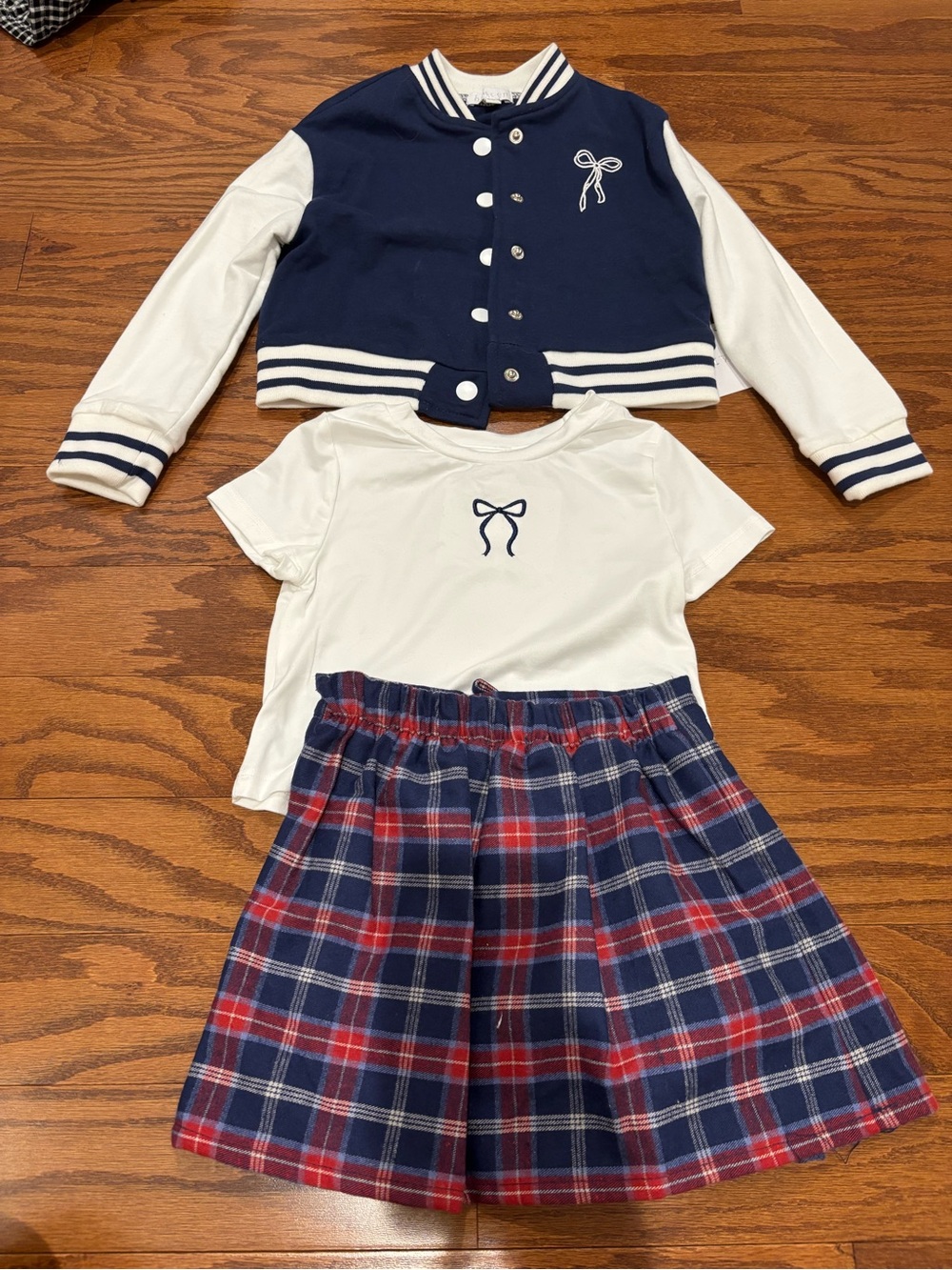 btween Navy & White Varsity Jacket, White Tee & Navy-Red Plaid Skirt Set